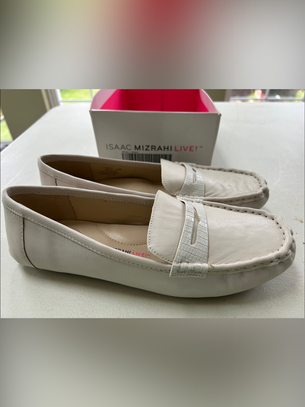 Isaac Mizrahi Cream Leather Croc-Accent Loafers